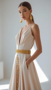 jeune femme moderne et élégante sur theme goddesscore, maquillage lumineux et doux, accessoire dorée